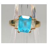 10k Gold Emerald Cut Blue Topaz Ring Size 7