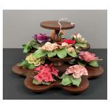 Porcelain Roses & Wood Display Stand