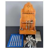Assortment of Flatware, Knife Set, & Wooden Wall Holder