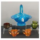 Blue Glass Basket, Carnival Glass Creamers, & Green Glass Small Pitcher