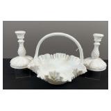 Milk Glass Hobnail Candle Holders & Ruffled Basket