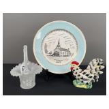 Emanuel Lutheran Church Plate, Ceramic Rooster, & Glass Ruffle Basket