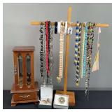 Jewelry Box & Necklace Cross with Assortment of Jewlery