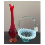 Blue Hobnail Fenton Basket & Red Vase