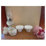 Piggy Bank, Lantern, & Milk Glass Dishes