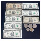 2 Dollar Bills, Blue Seal Dollar Bill, & Coins
