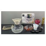 Pink Depression Candle Holder, Yellow Glass Vase, & Misc Glassware
