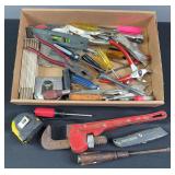 Pipe Wrench, Vise Grips, Tape Measure, & Tools