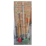 Axe, Rake, Post Hole Digger, & Assorted Tools
