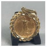 U.S. 5 Dollar 1/10 Ounce Gold Coin with 14kt Necklace Pendant
