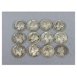 (11) Mercury Dimes & (1) Barber Dime