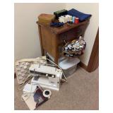 Sewing Table, Elna Sewing Machine, Sewing Supplies & Misc.