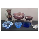 Fenton Basketweave Blue Dish & Assorted Glassware
