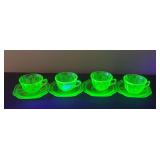 Green Uranium Glass Tea Cups & Saucers
