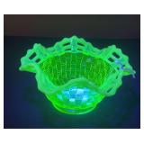 Uranium Glass Ruffled Lattice Candy Dish