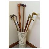 Assorted Walking Canes & Ceramic Holder