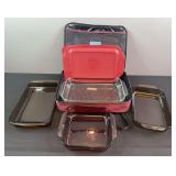 (4) Different Size Pyrex Amber Glass Casserole Dishes & Pyrex Carry Bag