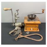 Meat Grinder, Coffee Grinder, & Log Tongs