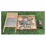 Maid-Rite Washboard, Hand Scythes, Jack, & Tools
