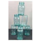 6 Blue  Ball Jars and 1 Root Mason