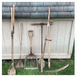 Scythe, Post Hole Digger, & Assorted Tools