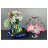 Vintage Brides Bowl Basket & Colorful Vase with Faux Flower