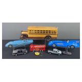 Wooden Model School Bus, Mickey Thompson Challenger 1 Model Race Car, & Misc. Toy Vehicles