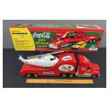 Pair of Coca-Cola Model Semi Trucks & Ruler