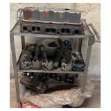 Chevy Engine Head, Crank Shaft, & Assorted Engine Parts with Cart