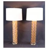 Pair Brutalist Carved Wood Table Lamps