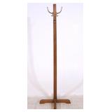Oak Standing Coat Rack w/ Brass Hooks
