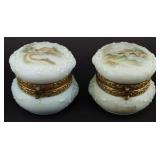 Pair Wavecrest Milk Glass Dresser Jars w Scenic