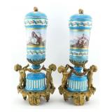 Pair French Sevres Style Porcelain Urns w/ Gilt
