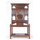Arts Crafts Oak Hall Tree w/ Mirror & Brass Hooks
