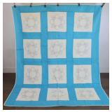 Vintage Embroidered Cotton Quilt w/ Blue Border