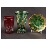 Ruby Tumbler, Green Glass & Green Saucer
