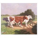 1943 Oil Painting w/ Cows Pastoral Scene