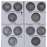 Twelve 1916-1919 Mercury Dimes