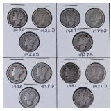 Twelve 1926-1931 Mercury Dimes