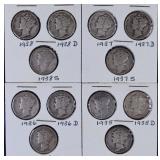 Twelve 1935-1938 Mercury Dimes