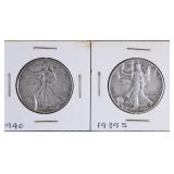 1940 & 1939 S Walking Liberty Silver Half Dollars