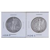 1934 D Cleaned & 1934 S Walking Liberty Half