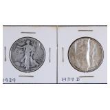 1939 & 1939 D Walking Liberty Silver Half Dollars