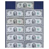 Eleven 1976 Federal Reserve $2 banknotes