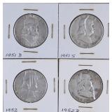 Four 1950's Benjamin Franklin Half Dollars