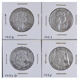 Four 1950's Benjamin Franklin Half Dollars