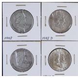 Four 1940's Benjamin Franklin Half Dollars