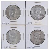 Four 1950's Benjamin Franklin Half Dollars