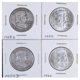 Four 1950's Benjamin Franklin Half Dollars