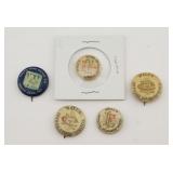 5 Advertising Pins Ball's & South Bend Watch Co.